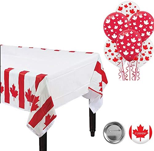 Kanada Bayrağı Tabakları, Peçeteler, Masa Örtüsü, Kırmızı Bardaklar, Akçaağaç Yaprağı Balonları, Mutlu Kanada Günü Afişi ve Kanada
