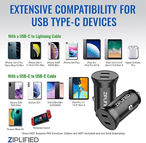 Ziplified ZIP-C402PK 2-Pack Mini 40 W Metal 2-Port USB C PD 3.0 Çift Bağlantı Araç Şarj ile Uyumlu iPhone 13/12/11 Pro Max/12