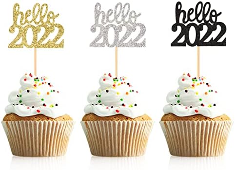 Bağışta bulunan kimse 24 Pcs Glitter Mutlu Yeni Yıl Cupcake Toppers Hello 2022 Kek Seçtikleri için Yeni yıl arifesinde Parti