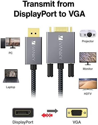 DisplayPort-VGA Kablosu 6.6 ft, ıVANKY Tek Yönlü dp'den VGA Kablosuna, Monitör için Naylon Örgülü Erkek - Erkek VGA Kablosu,