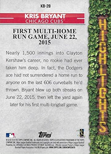 2018 Topps Kris Bryant Maç Özetleri KB-28 Kris Bryant Chicago Cubs Resmi MLB Beyzbol Ticaret Kartı Ham (NM veya Daha İyi) Durumda
