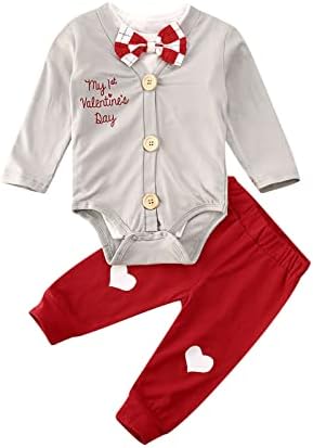 Toddler Erkek Bebek Benim 1st sevgililer Günü Kıyafet Kısa Kollu Papyon Romper Hırka Bodysuit Kalp Pantolon 3 Adet Set