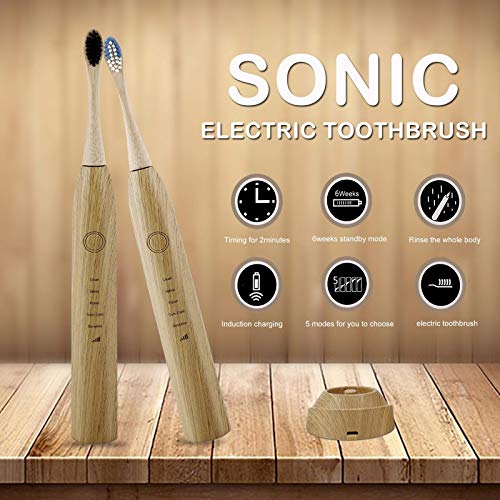 Fayet Bambu Akıllı Sonic Elektrikli Diş Fırçası, IPX8 Su Geçirmez Hafif Otomatik Çevre Dostu Elektrikli Diş Fırçaları 5 Modları