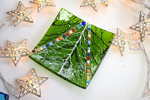 Noel ağacı ile kaynaşmış cam sanat plakası - kış dekoru veya Noel hediyesi (mavi)
