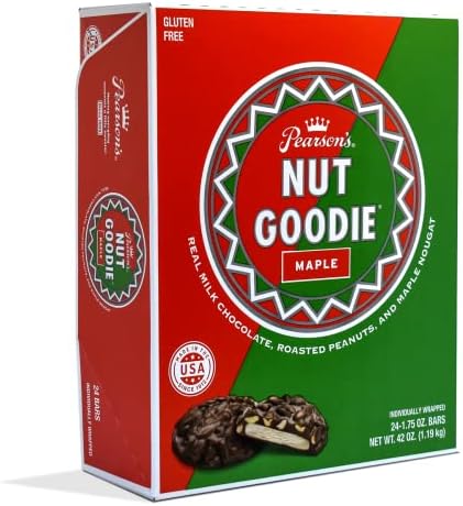Pearson's Nut Goodie Bar | Kavrulmuş Fıstık, Gerçek Sütlü Çikolata ve Lezzetli Akçaağaç Nuga | 24 - 1.75 oz paketiyle dolu. Fıstık