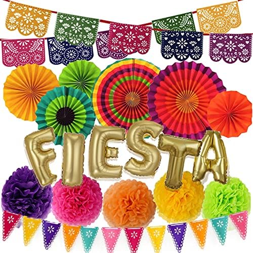 Meksika Fiesta Parti Süslemeleri - Cinco De Mayo-6 Kağıt Fanlar, 5 Çiçekler Pom Poms, Papel Picado, 1 Flamalar Çelenk, Taco Bout