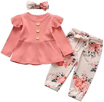 Bebek Kız Giysileri Kıyafetler, Sevimli Bebek Kız Uzun Kollu Fırfır Tops ve Çiçek Pantolon Kafa Bandı ile Set