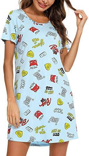 EISHOPEER kadın Gecelik Kısa Kollu Gece Gömlek Sevimli Baskı Uyku Gömlek Yumuşak Pijama Pijama Elbise