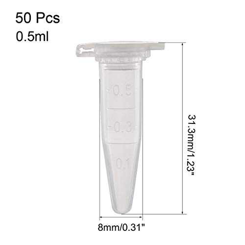 uxcell 50 Adet 0.5 ml Plastik Santrifüj Tüpleri Geçmeli Kapaklı, Polipropilen Dereceli Mikrosantrifüj Tüpü, Konik Alt, Şeffaf,