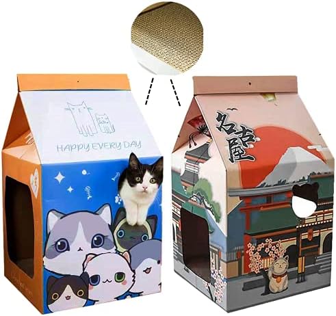 SHENGOCASE 2-Pack Benzersiz Süt Kutusu Kedi Scratcher Evi, Karton Kedi Evi ile Kapı ve İnteraktif Pencere, kedi Tırmalama Pedi,