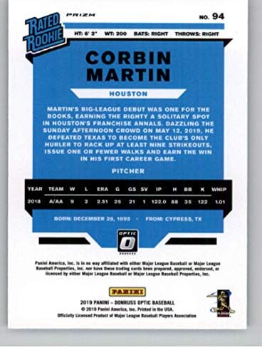 2019 Donruss Optik Gümüş Holo Prizm Beyzbol 94 Corbin Martin Houston Astros Puan Çaylak Resmi MLBPA Ticaret Kartı Panini Amerika