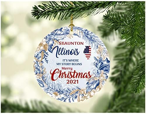 Merry Christmas Süs Ağacı 2021 Staunton Illinois Süsler Hikayemin Başladığı Yer Staunton IL Şehir Memleketi Devlet Hediye noel