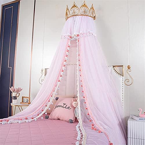 ESGT Prenses Yatak Gölgelik Kızlar için, pembe Şifon Metal Taç Yatak Perde Perdelik Dekoratif Cibinlik Kale oyun çadırı Bebek