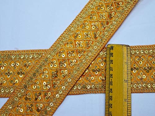 Toptan Sarı Trim 9 Yard İşlemeli Bezeme Moda Kırpma Hint Sari Sınır Altın Işçiliği Dikiş Nakış Sequins Şerit 2.7 inç Bant Düğün