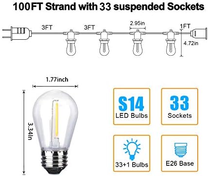 YVETTE açık LED dize ışıkları, 100Ft su geçirmez dize ışık, ETL listelenen 33 E26 yuva ve 34 S14 1 W ampuller(1 yedek), 2700