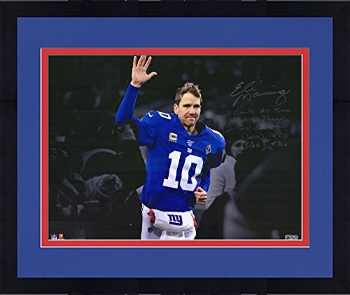 Çerçeveli Eli Manning New York Giants İmzalı 16 x 20 Çoklu Stat Yazıtlı Son Oyun Fotoğrafı-İmzalı NFL Fotoğrafları
