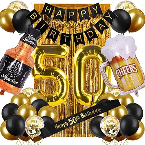 50th Doğum Günü Süslemeleri Erkekler Kadınlar için, Siyah Altın Mutlu Doğum Günü Süslemeleri, Siyah ve Altın Mutlu Doğum Günü