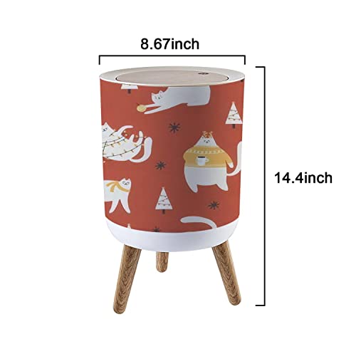 Kapaklı Küçük Çöp Tenekesi Sevimli Noel Kedileri ile Dikişsiz Ahşap Ayaklı Tekstil Sarmak için Elle Çizilmiş Çöp Kutusu Mutfak,