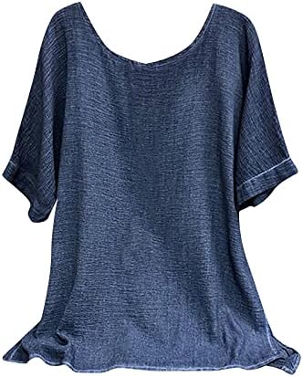 PATOPO Pamuk Keten Kadınlar Için Tops Yuvarlak Boyun Yarım Kollu Bahar Yaz Rahat Gevşek Tunik Bluz T-Shirt Artı Boyutu Gömlek