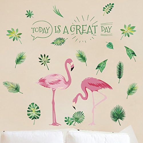 AWAKİNK Pembe Flamingolar Yeşil Bitkiler Yaprakları Pastoral Tarzı duvar çıkartmaları Duvar Çıkartması Vinil Çıkarılabilir Sanat
