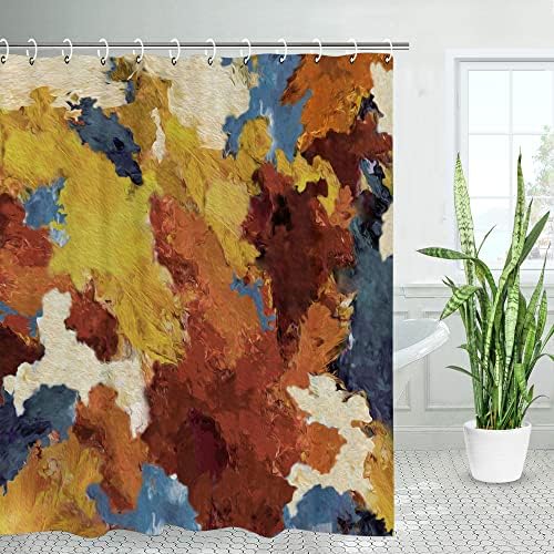 LİVİLAN Soyut Duş Perdesi, Turuncu Duş Perdesi, Renkli Duş Perdesi, 12 Kancalı Sanat Duş Perdesi Seti, Modern Banyo Dekoru, 72