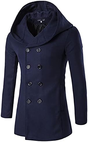 Erkek ceket kış rahat kapüşonlu yün ceket uzun sonbahar kruvaze yaka palto rüzgarlık Vintage ceket