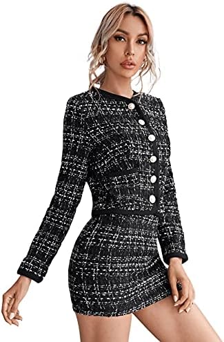 SweatyRocks kadın Takım Elbise 2 Parça Tüvit Blazer Ceket Kaban ve Etek Seti