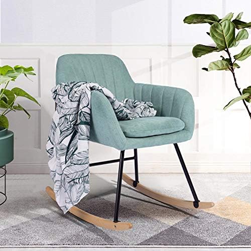 HouseInBox Sallanan Sandalye, Masif Ahşap Ayaklı Yumuşak Kumaş Döşemeli Modern Koltuk, Açık Yeşil