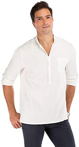AUDATE Erkek Pamuk Keten Gömlek Casual Uzun Kollu Henley Gömlek Katı Tops