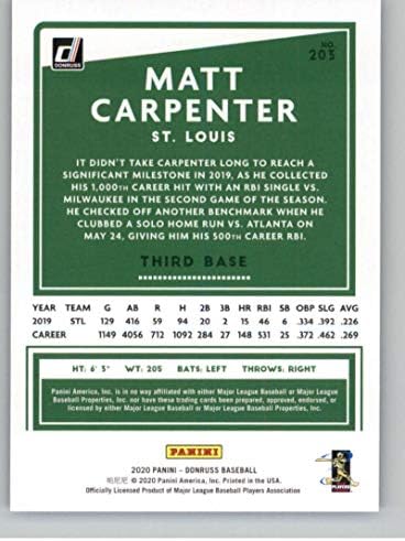 2020 Donruss Holo Mavi Beyzbol 203 Matt Carpenter St. Louis Cardinals Resmi MLB PA Beyzbol Ticaret Kartı Ham (NM veya Daha iyi)