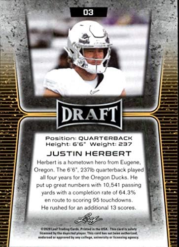 2020 Yaprak Taslak (NFL) Altın 3 Justin Herbert Çaylak Öncesi Oregon Ördekler Resmi Oyuncu Lisanslı Çaylak Ticaret Kartı (RC