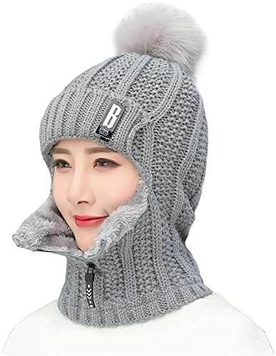 MUSJOS Kış Siyam Rüzgar Geçirmez Şapka, Örme Kış Seti Şapka Eşarp Maskesi Pom ile, kayak Şapkaları Sıcak Kış Bere Şapka
