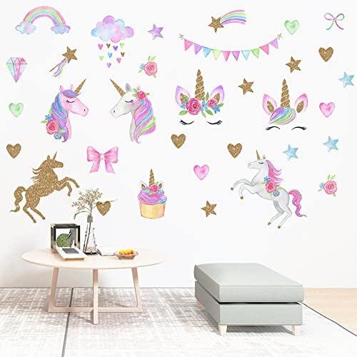 LUODAJUN Unicorn Çıkartmaları Kızlar için Yatak Odası Duvar Çıkartmaları Unicorn Yatak Odası DIY Altın Aşk Yıldız Çıkarılabilir