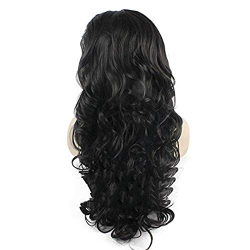 24 inç uzun dalga siyah renk ısıya dayanıklı saç sentetik dantel ön peruk kadınlar için