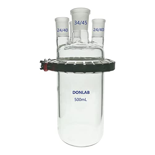 DONLAB REA-0035 500 ml Silindirik reaksiyon su ısıtıcısı Şişesi W/Kelepçe ve Kapak, 4-Boyun Standart Konik Eklemler 34/45 Merkezi