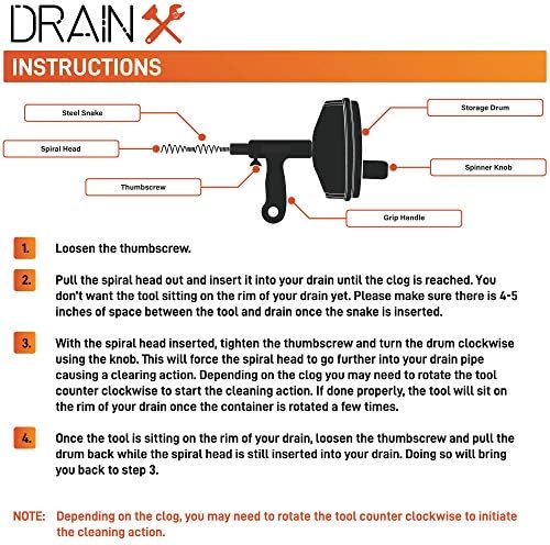 DrainX Drenaj Burgu Pro / Ağır Çelik Davul Sıhhi Tesisat Drenaj Yılan ile 25-Ft Drenaj Temizleme Kablosu / İş Eldivenleri ve