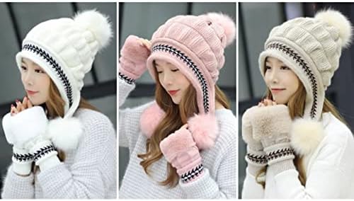 CDQYA kadın Kış Örme Şapka, Rahat Vahşi, Tatlı ve Sevimli Tavşan Kürk Örme kadın Şapka, Kış Sıcak Örme Şapka + Eldiven ( Renk: