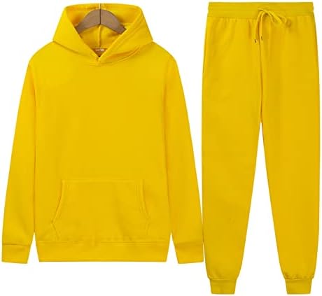 daguı erkek Spor Takım Elbise Düz Renk Polar Kazak Hoodie Set Sarı Düz Renk XL