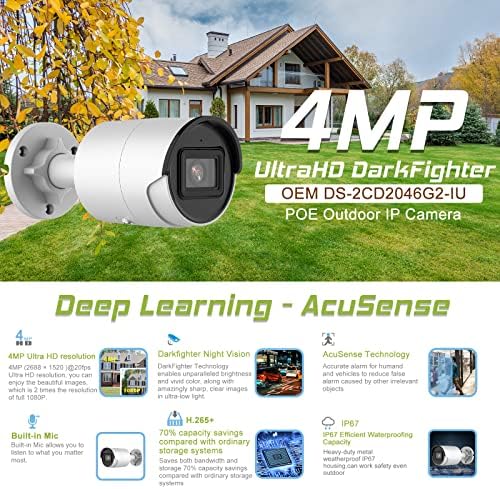 4MP Bullet PoE IP Kamera –Acusense AI Güvenlik Kamerası İnsan ve Araç Algılama, Dahili Mikrofon, 98Ft Gece Görüş, H. 265+ , Destek