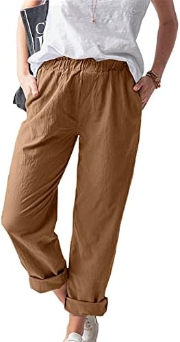 QCool kadın Düzenli Fit Düz Bacak Pantolon Golf Pantolon Streç Pamuk Keten Geniş Bacak Pantolon Cepler ile Yaz günlük pantolon