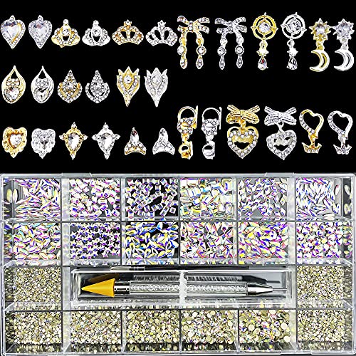 4910 Adet AB Rhinestones Çivi, AB Tırnak Cam Kristal Taşlar Taşlar Rhinestones Kiti Karışık 3D Alaşım Tırnak Takılar Altın Gümüş