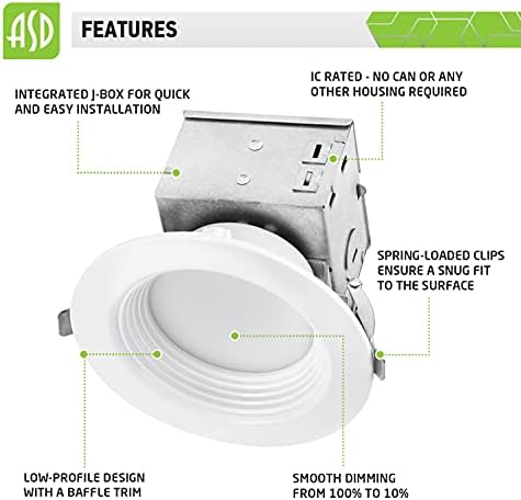 ASD (12 Paket) LED Gömme Aydınlatma Bağlantı Kutusu ile 4 inç Downlight Entegre, Kısılabilir Kansız Fikstür, 10W = 40W Equiv.