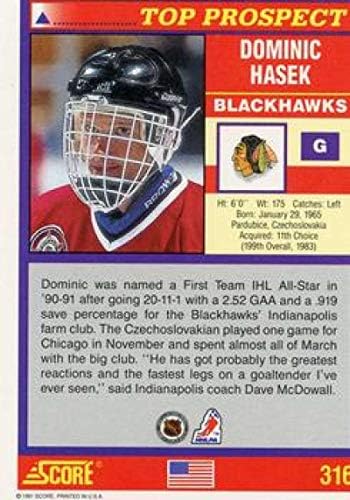 1991-92 Skor Amerikan Hokeyi 316 Dominik Hasek RC Çaylak Kartı Chicago Blackhawks Pinnacle Inc. ' den Resmi NHL Ticaret Kartı.