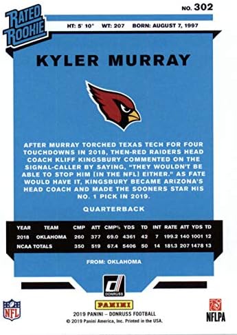 Kyler Murray 2019 Donruss Kısa Baskılı Nane DERECELİ ÇAYLAK Kartı 302 Kırmızı Arizona Cardinals Formasında bu En İyi NFL Taslak
