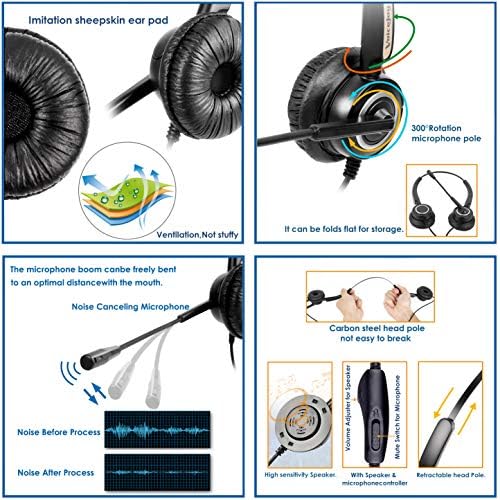 Ek 2 adet Kulak Pedleri + Ayarlanabilir Ses + Dilsiz Anahtarı+Binoral Kulaklık Gürültü İptal Mikrofon ile RJ9 Kulaklık SADECE