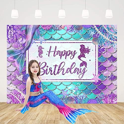 Ticuenicoa 7x5ft Mermaid Mutlu Doğum Günü Zemin Altında Deniz Doğum Günü Arka Plan Küçük Denizkızı Zemin Kızlar için Glitter