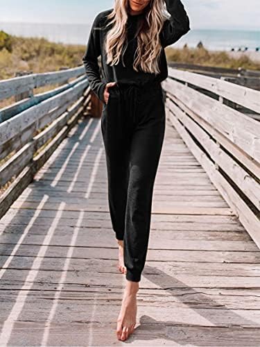ANRABESS kadın Rahat Uzun Kollu Crewneck Bir Kapalı Omuz Elastik Bel Sıkı Uzun Romper Tulum ile Cepler