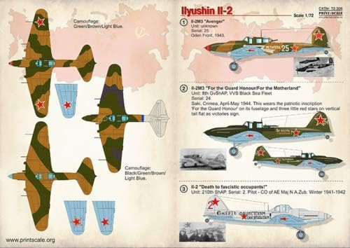 Baskı Ölçeği 72-306-1/72 Çıkartmaları Ilyushin Il-2, İKINCI Dünya savaşı, (Uçak ıslak Çıkartması)