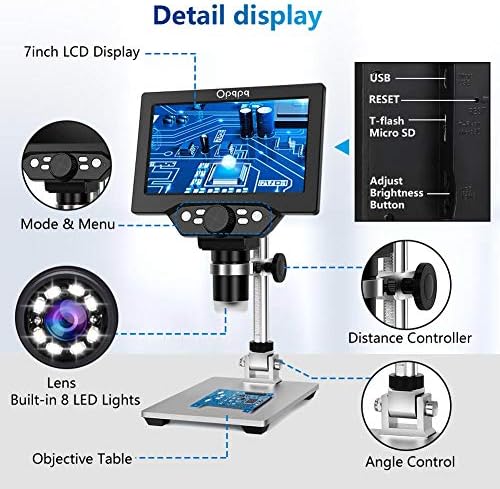 7 LCD Dijital Mikroskop Opqpq 10-1200X Büyütme 1080 P Video Mikroskop Kamera ile 12MP Görüntü sensörü, Metal Standı, 8 ayarlanabilir