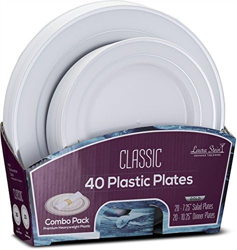 Laura Stein Tasarımcı Yemek Takımı 40 Premium Plastik Düğün / Parti Tabağı Seti: Beyaz, Mavi Jant. Set İçerir 20 10.75 Yemek